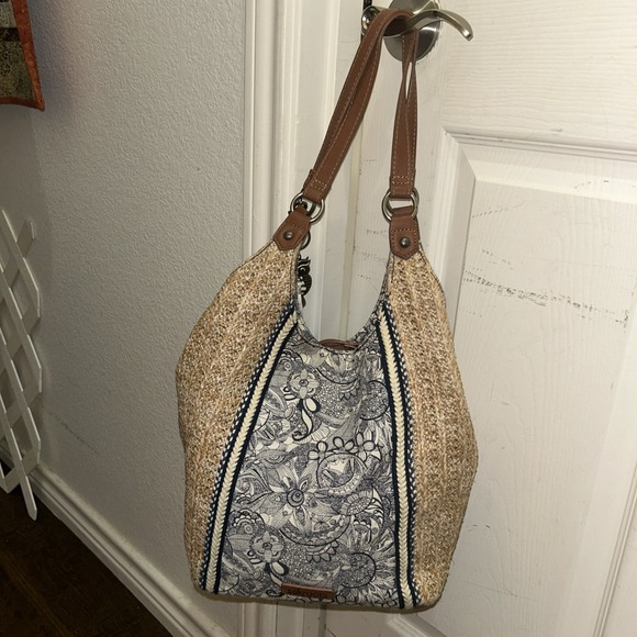 Sakroots Roma Shopper Handbag   Jute And Canvas Preowned Blue Multi Fabric Inset - Picture 2 of 16